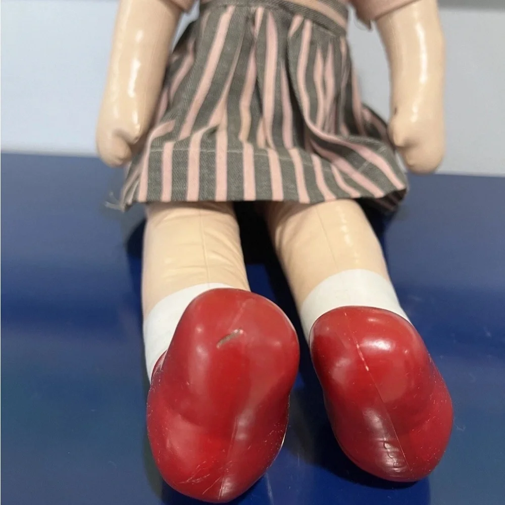 Carnival Plastic Face Cloth Fabric Doll Blonde Yarn Braid Blue Eyes Vintage 60s